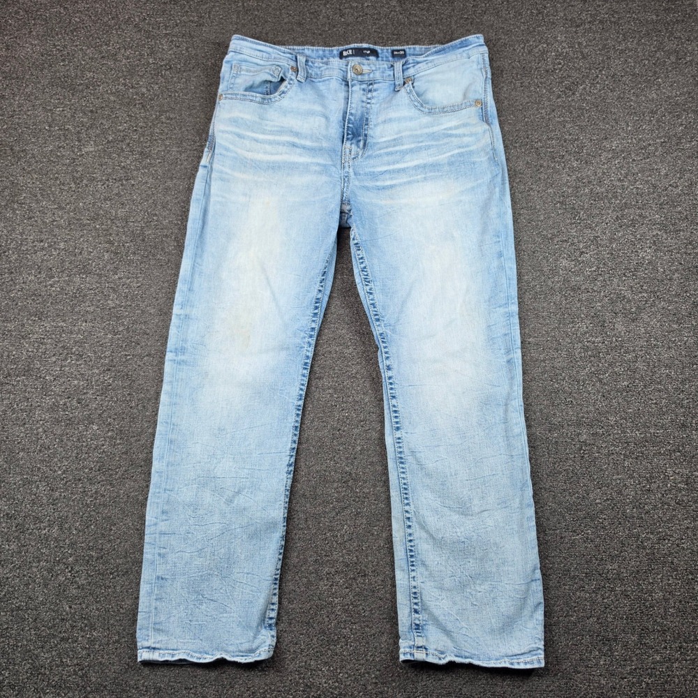 BKE Tyler Jeans Light Wash Mens 36x30 Straight Leg Distressed Whiskered Denim